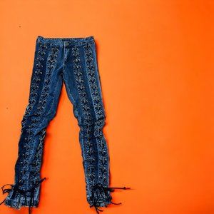 Kikiriki Lace Up Grommet Jeans Skinny Fit Mid Rise Zip Fly 100% Cotton Sz S